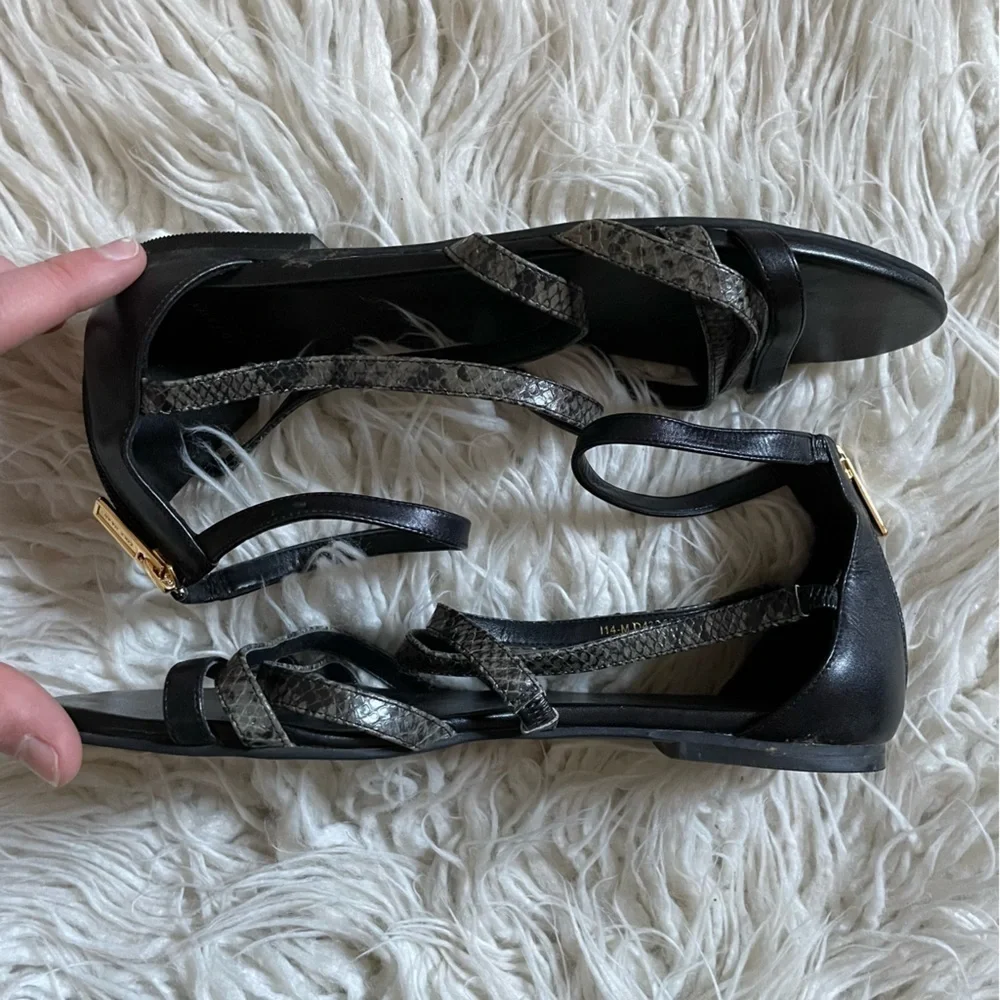 Cole Haan Black Mercer Leather Snake Print Embossed Gladiator Sandals EUC 8.5